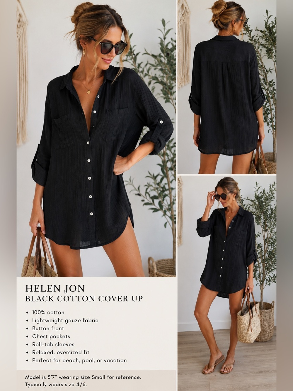 Helen Jon Black Cotton Gauze Oversized Swim Cover Up Tunic S